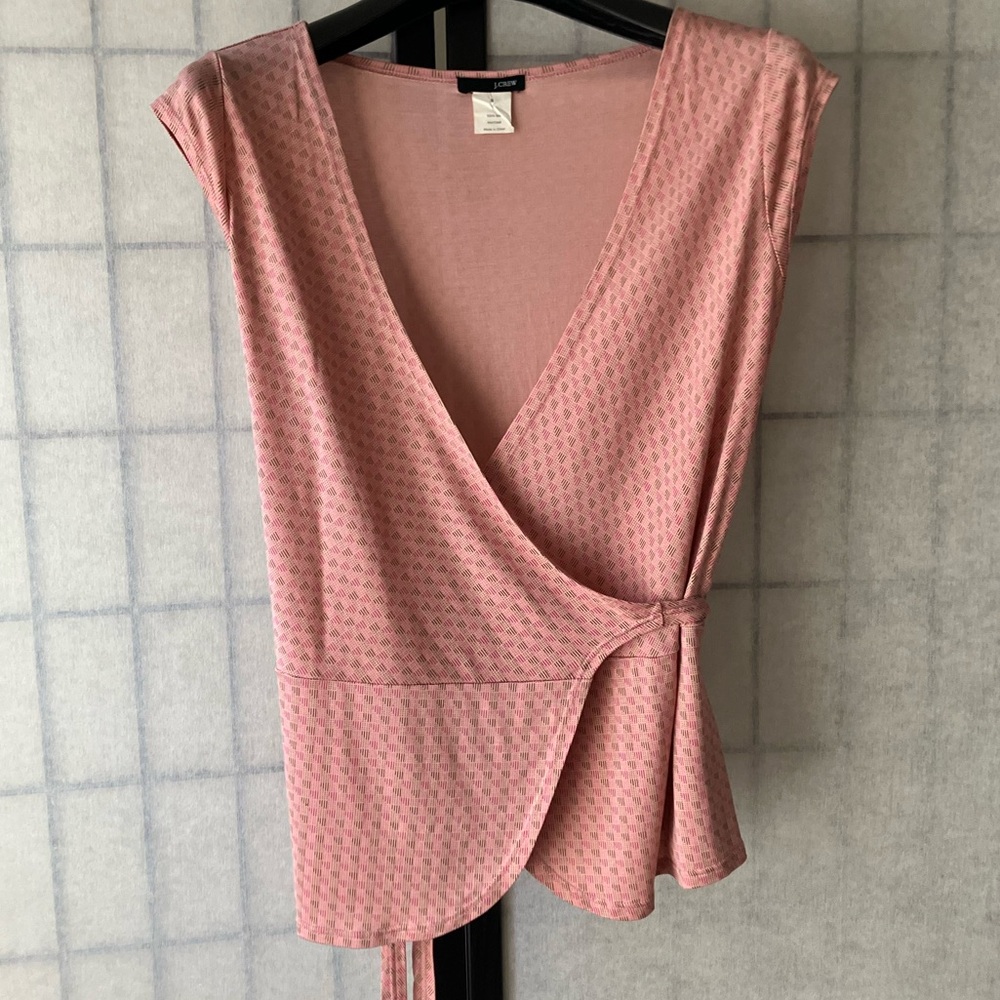 J. Crew Silk Blush Pink Tan Patterned Wrap Top Blouse Cardigan Sleeveless Size S